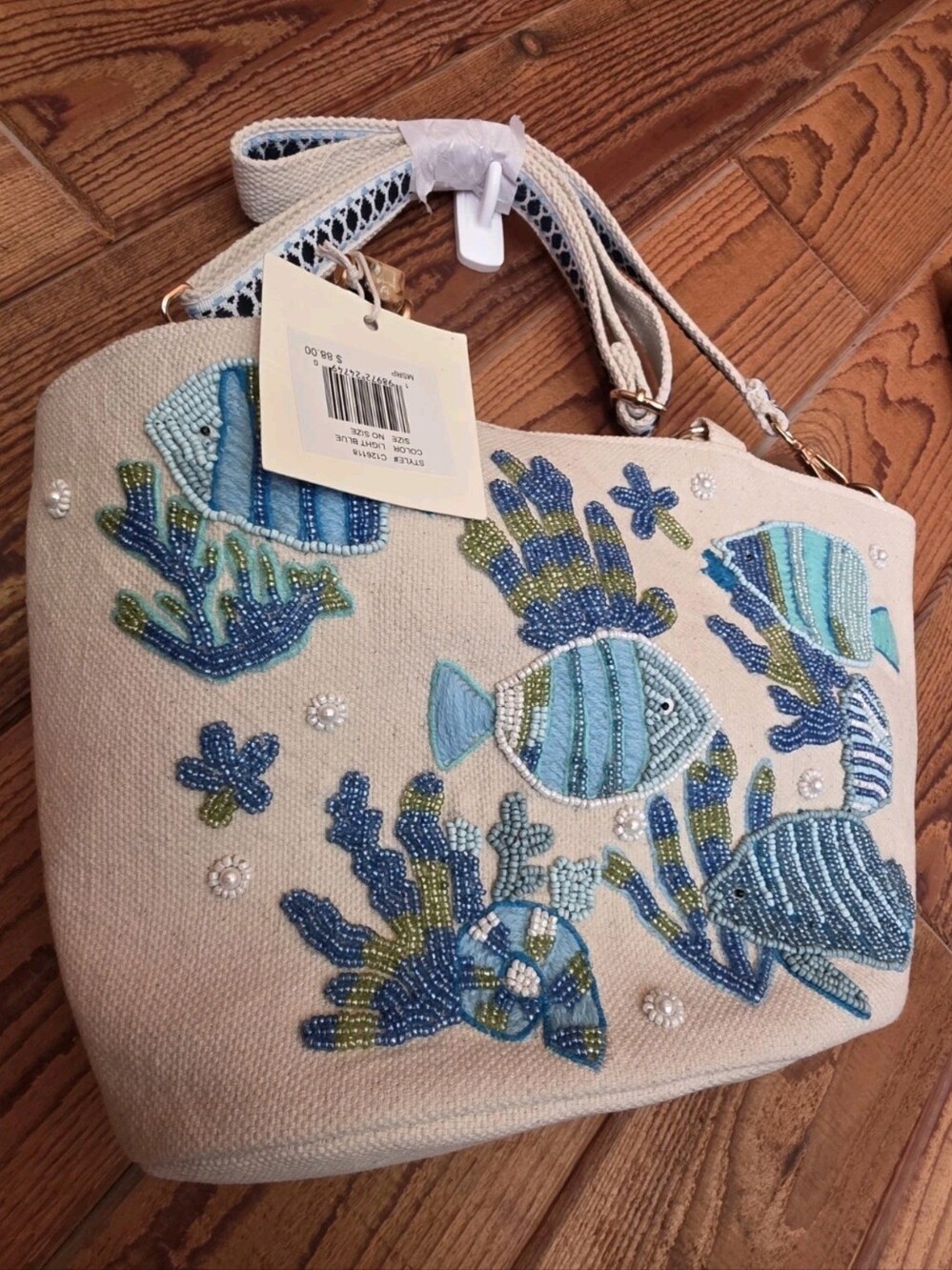 SOLE AND MER Beaded Embroidered Tote Bag with Shoulder Strap Fish Ocean NWT - Picture 2 of 11